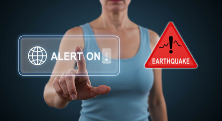 Woman Activating Earthquake Warning Alert on a Digital Touchscreen
