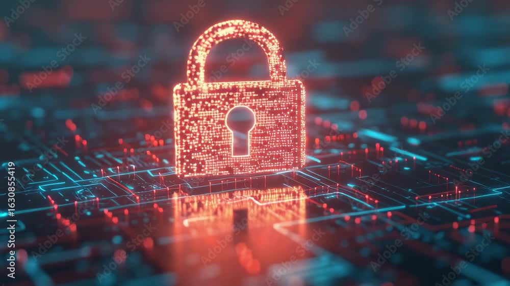 Poster a glowing lock on a digital grid symbolizes cybersecurity, highlighting the importance of encryption