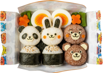 Adorable rice balls shaped as panda bunny and bears in a bento box with eggs and carrots transparent background