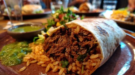 Delicious Beef Burrito with Rice and Salsa