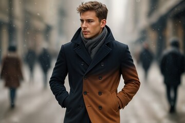Futuristic double-breasted adaptive Smart Coat shifts from deep navy to rich brown, styled on a young man wearing charcoal scarf, walking through snowy urban boulevard with smart weatherproof fabric.