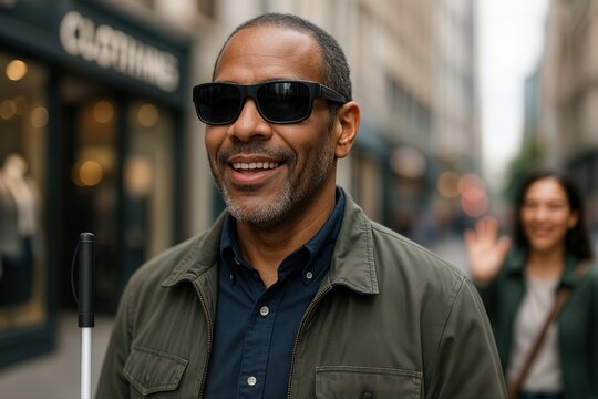 Visually Impaired Man Walking with White Cane in Urban Street Setting with Assistance from AI Technology