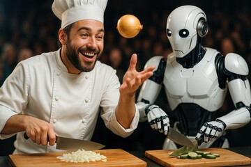 Chef and Humanoid Robot Collaborating in Modern Kitchen, Preparing Ingredients with Enthusiasm and Precision