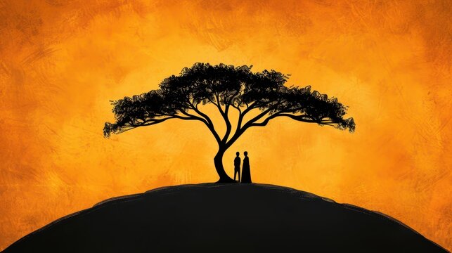 Captivating sketch celebrating National Panchayati Raj Day with silhouettes of people united under a vast tree.