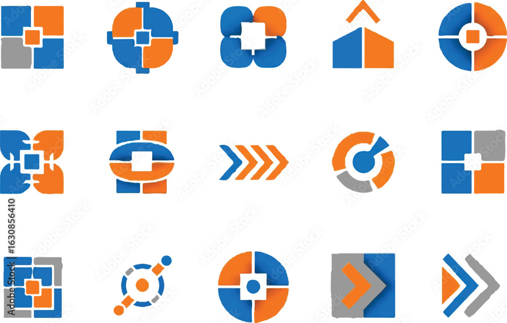 Poster collection of abstract geometric shapes and icons in blue and orange representing data progress and 