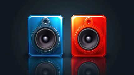 Vivid neon stereo speakers stand out against a dark backdrop, reflecting light and delivering powerful sound.