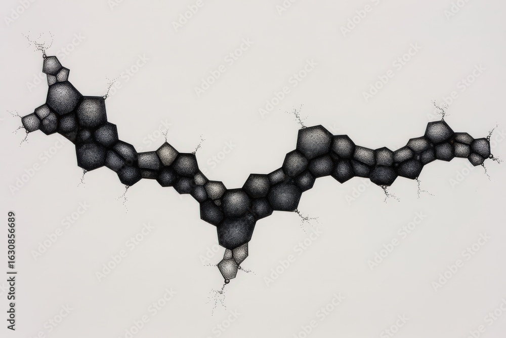 Poster intricate molecular structure illustrated with interconnecting black hexagonal shapes capturing esse