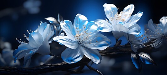 The black background contrasts sharply with the bright blue silver light emitted by jasmine Flower,generative AI