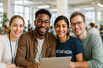 Hackathon Diversity Interracial Group of Four Smiling Young Adults at Event Collaborating on Laptop in Modern Office Setting