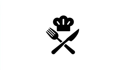 Fototapeta premium Silhouette of a chef's hat above a crossed knife and fork on a white backdrop