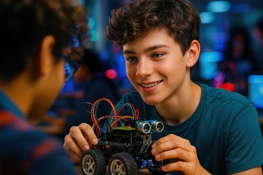 Teenagers Engaged in Robotics Collaboration with a Futuristic Robot in Science Lab