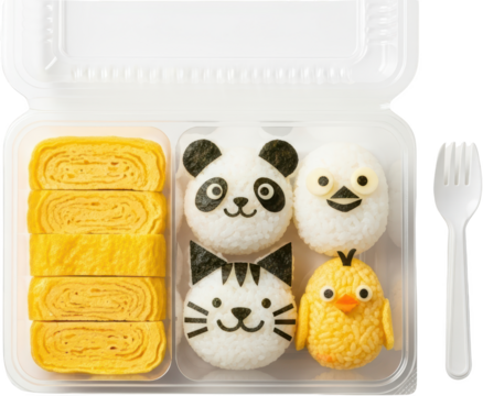Cute bento box with rice balls shaped like panda cat bird and chick plus rolled omelets isolate