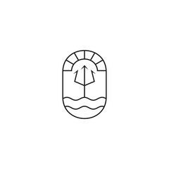 trident logo in a frame with wave and sun elements in line art design style