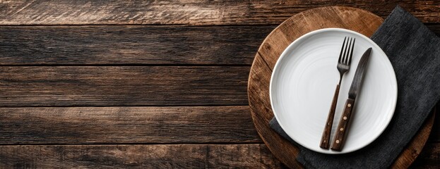 Empty white plate with fork and knife on rustic wooden table