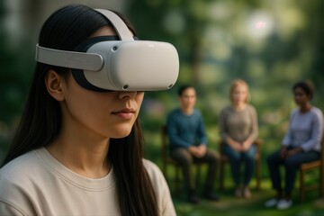 Virtual Reality Group Therapy Session Outdoors With Diverse Participants in a Garden Setting