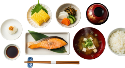 Japanese breakfast with grilled salmon miso soup tamagoyaki rice pickles and soy sauce transparent background