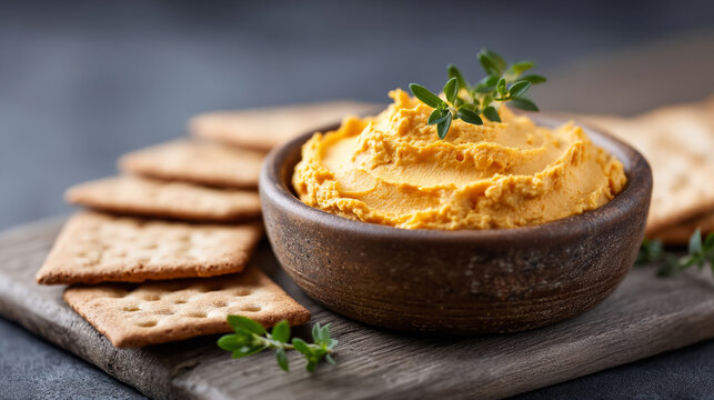 Creamy pumpkin hummus in rustic bowl with crackers on wooden board - Powered by Adobe
