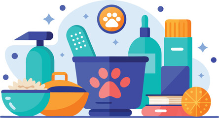 Pet grooming supplies with paw print and cleaning products on white background pet care animal care