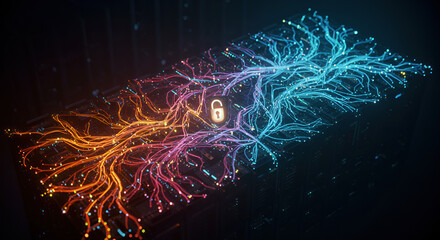 A futuristic visualization of advanced Business Intelligence showing a secure neural network for data processing, with a central padlock for cybersecurity and encryption.