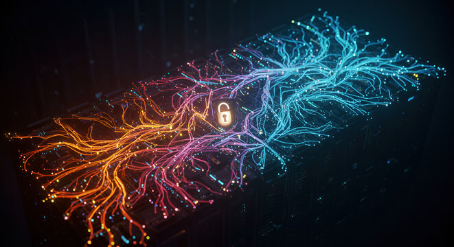 A futuristic visualization of advanced Business Intelligence showing a secure neural network for data processing, with a central padlock for cybersecurity and encryption. - Powered by Adobe
