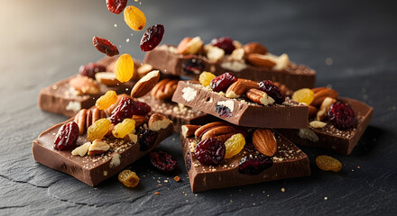 Dried fruits and nuts falling onto broken pieces of gourmet milk chocolate on a dark surface.