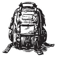 Naklejka premium Vintage black and white backpack illustration, perfect for travel or outdoor design projects.
