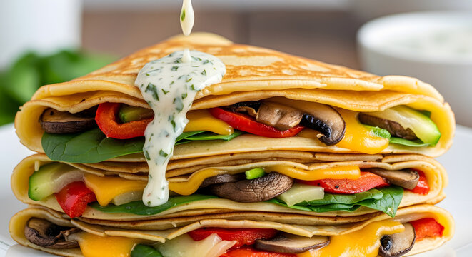 A stack of savory crepes filled with mushrooms, peppers, spinach, and cheese, with a creamy herb sauce being drizzled on top.