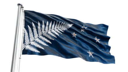 A waving te tiaki national flag featuring a silver fern and southern cross on a flagpole against black