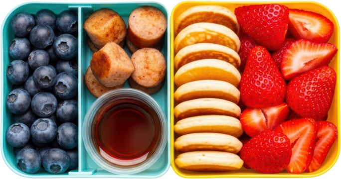 Stacked mini pancakes sliced strawberries and blueberries in divided lunchbox with sausage bites transparent background