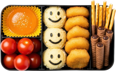 Bento box containing smiley face potato scoops fried nuggets cherry tomatoes jelly and chocolate biscuit sticks transparent background