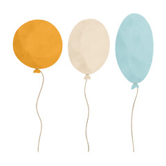 Balloons, set of hand-drawn watercolor elements. For decoration in pastel shades of yellow, blue, and beige, for design in printing, children's prints