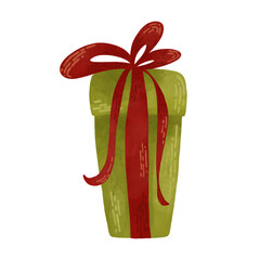 Gift box, festive watercolor illustration in green autumn colors. Design element for printing, children's prints, and decorations. Highlighted