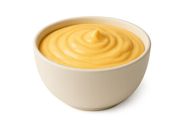 Creamy cheese sauce spiraling within white ceramic bowl, transparent backdrop highlighting culinary texture and richness