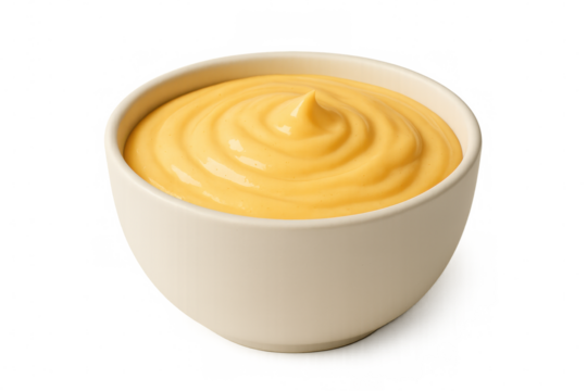 Creamy cheese sauce spiraling within white ceramic bowl, transparent backdrop highlighting culinary texture and richness