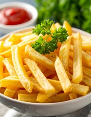 Crispy golden french fries in a bowl