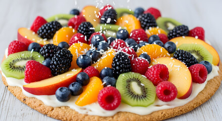 Obraz premium A colorful fruit pizza dessert with a cookie crust, topped with fresh berries, kiwi, peaches, and a sprinkle of coconut.