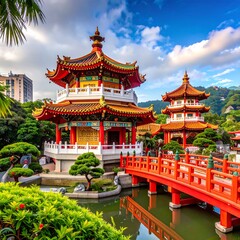 Fototapeta premium Asian temple complex by a serene pond