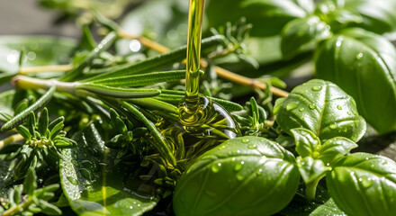 Golden olive oil pours over a fresh, vibrant mix of green herbs like basil and rosemary.