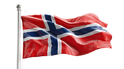 A waving norwegian flag on a silver pole with a black background in a bright outdoor setting