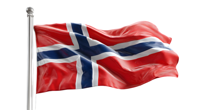 A waving norwegian flag on a silver pole with a black background in a bright outdoor setting