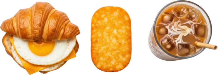 Croissant breakfast sandwich hash brown potato patty and iced coffee with cream and straw transparent background