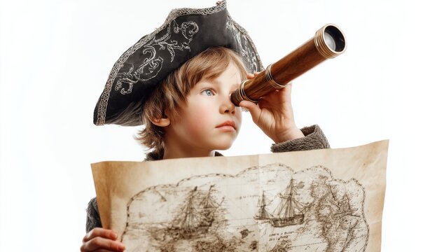Child dressed as a pirate, holding a map and telescope, looking into the distance