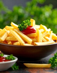Crispy golden fries with ketchup