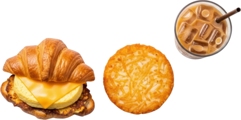 Croissant breakfast sandwich with egg and cheese next to a crispy hash brown and iced coffee isolate