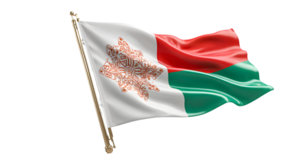 A close up of the flag of madagascar waving against a black background on a golden pole