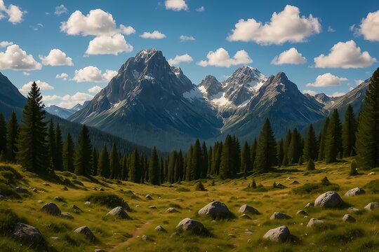 Scenic alpine landscape with pine forest and snowcapped mountains under blue sky

