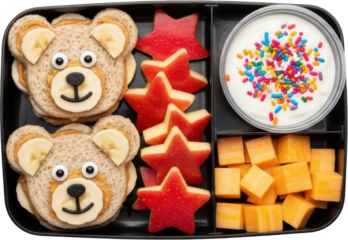 Two teddy bear shaped peanut butter and banana sandwiches with apple stars and cheese cubes transparent background