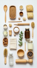 Eco-friendly kitchen and bathroom supplies arranged on a white background (1)