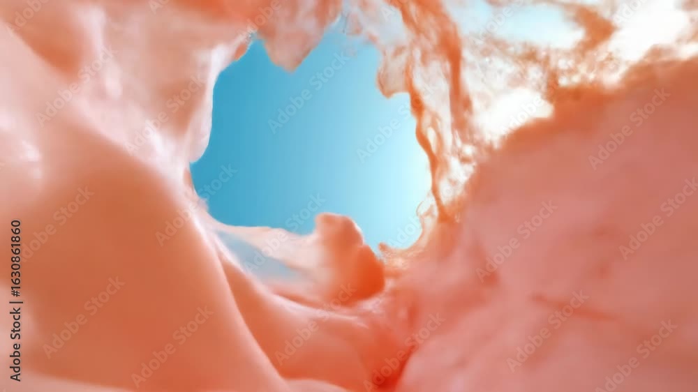 Poster peach yogurt vortex: abstract fluid simulation against sky backdrop for creative projects