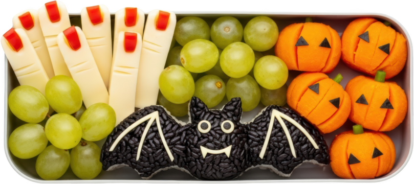 Halloween themed bento box featuring cheese fingers green grapes rice bat and pumpkin shaped carrots transparent background
